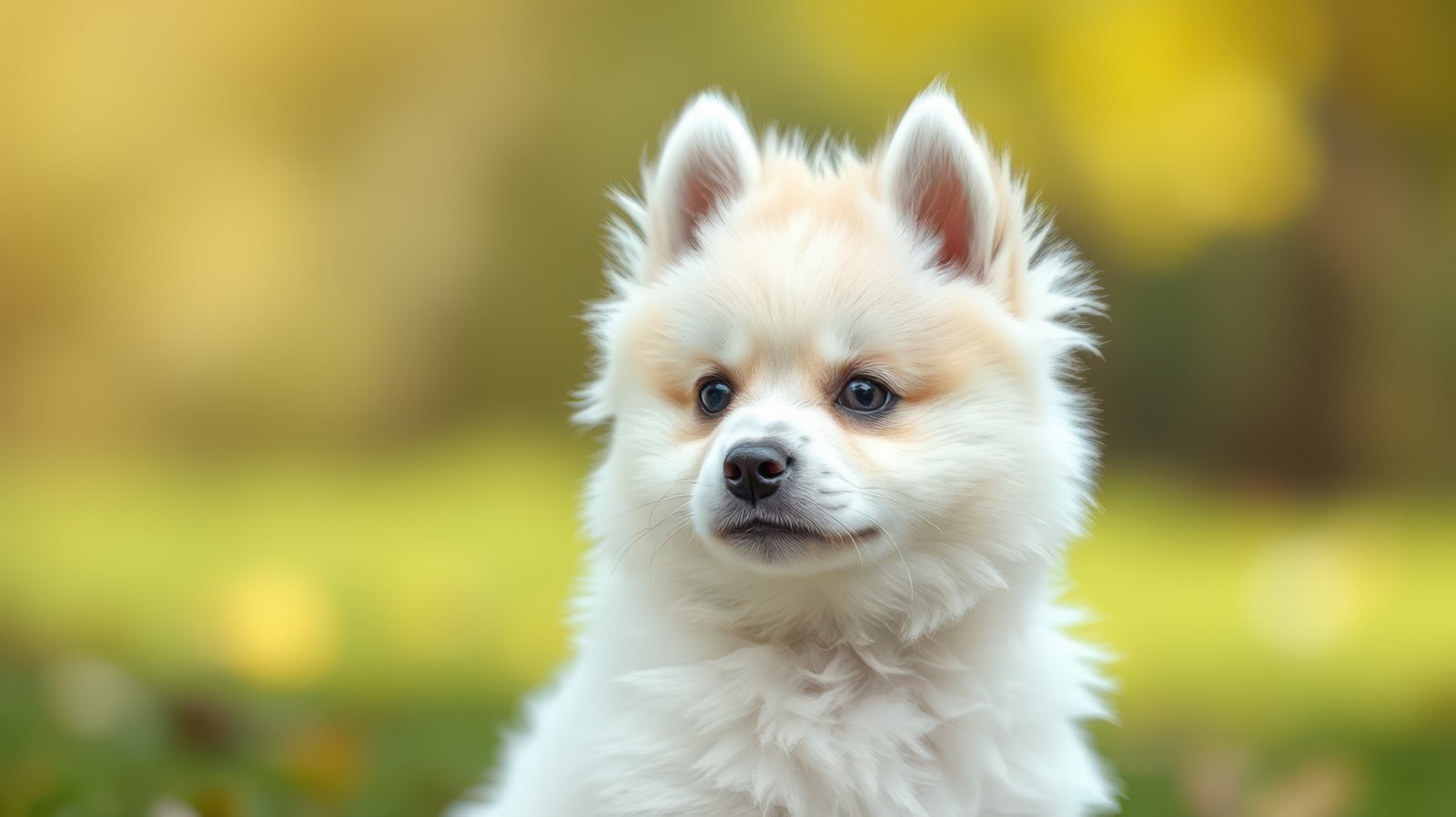 Cute fluffy puppy sitting in a sunny park surrounded by soft grass and vibrant nature during late afternoon hours